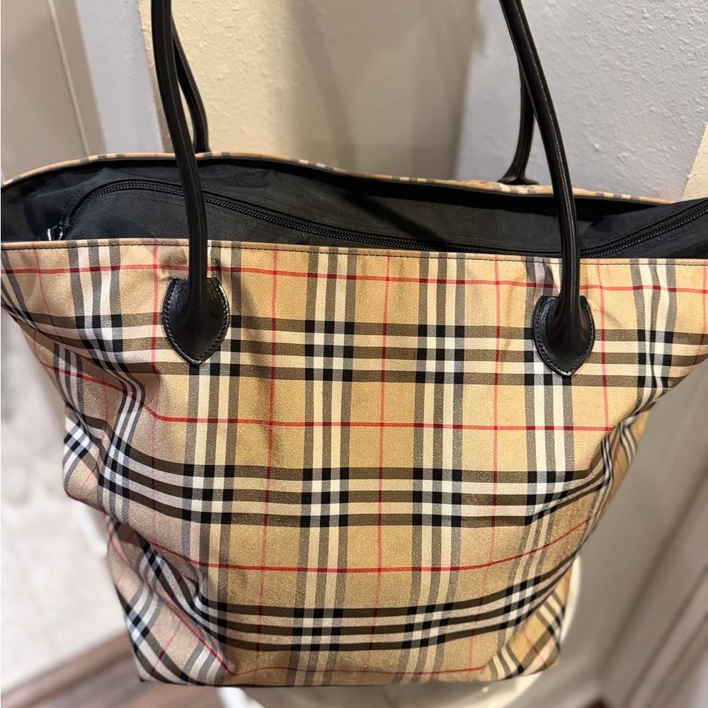 Burberry Large Novacheck Blue Lable Plaid Tote with Black Leather Trim